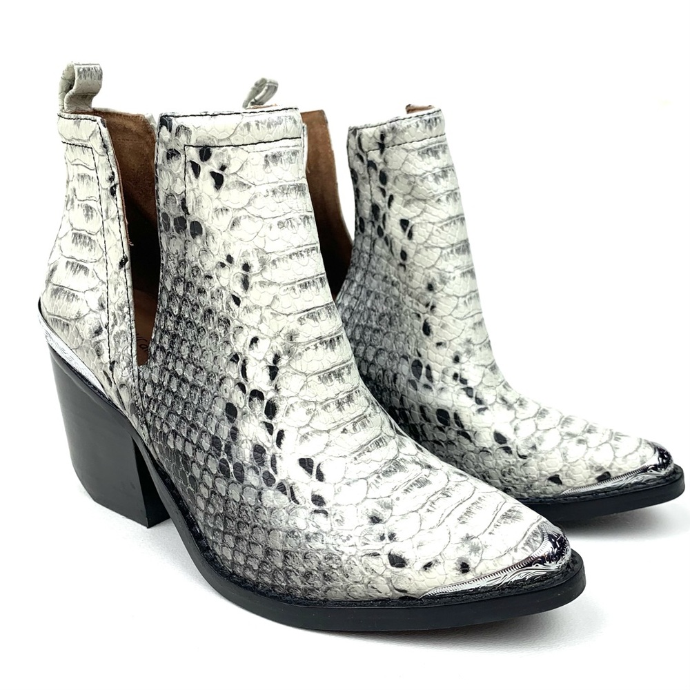Jeffrey Campbell Cromwell ankle boot white snake print western bootie cut out